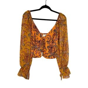Urban Outfitters‎ Orange Floral Boho Smocked Tie Front Blouse Small